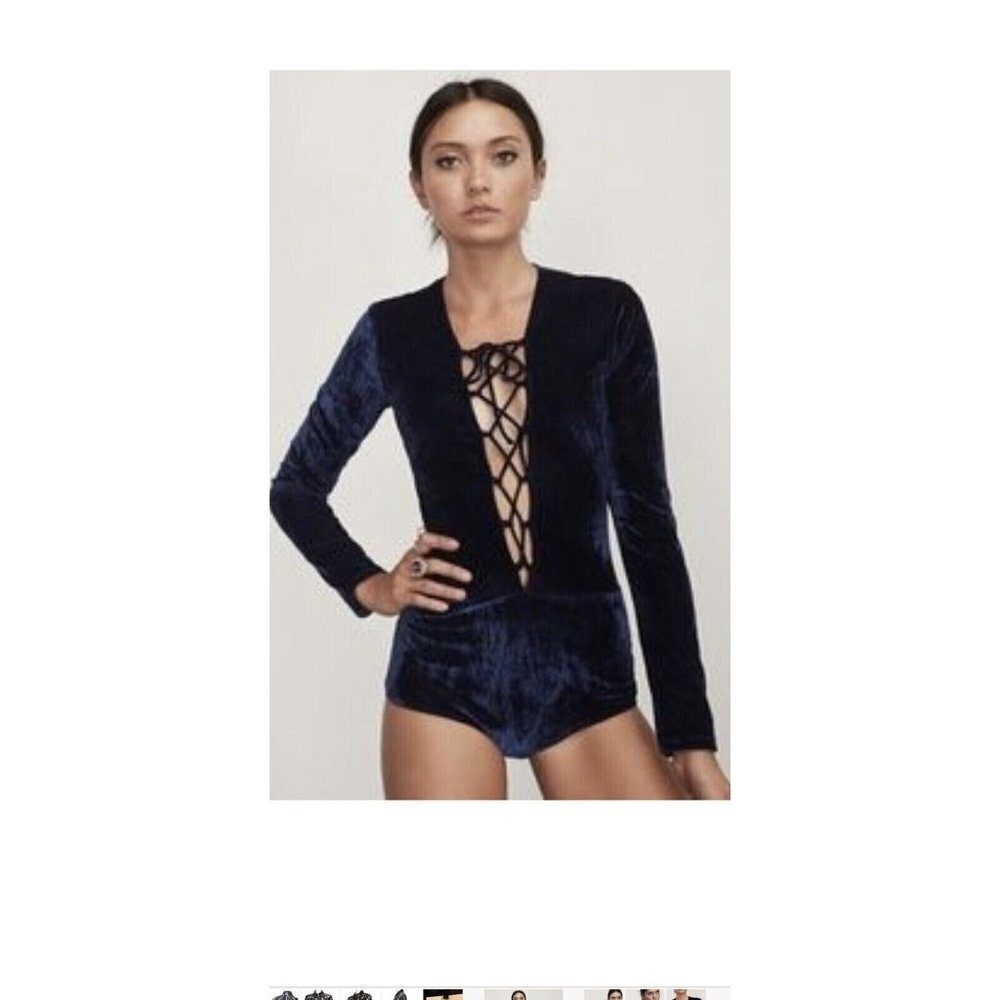 Reformation Velvet Avalon Bodysuit Womens XS Criss Cross Teal Blue